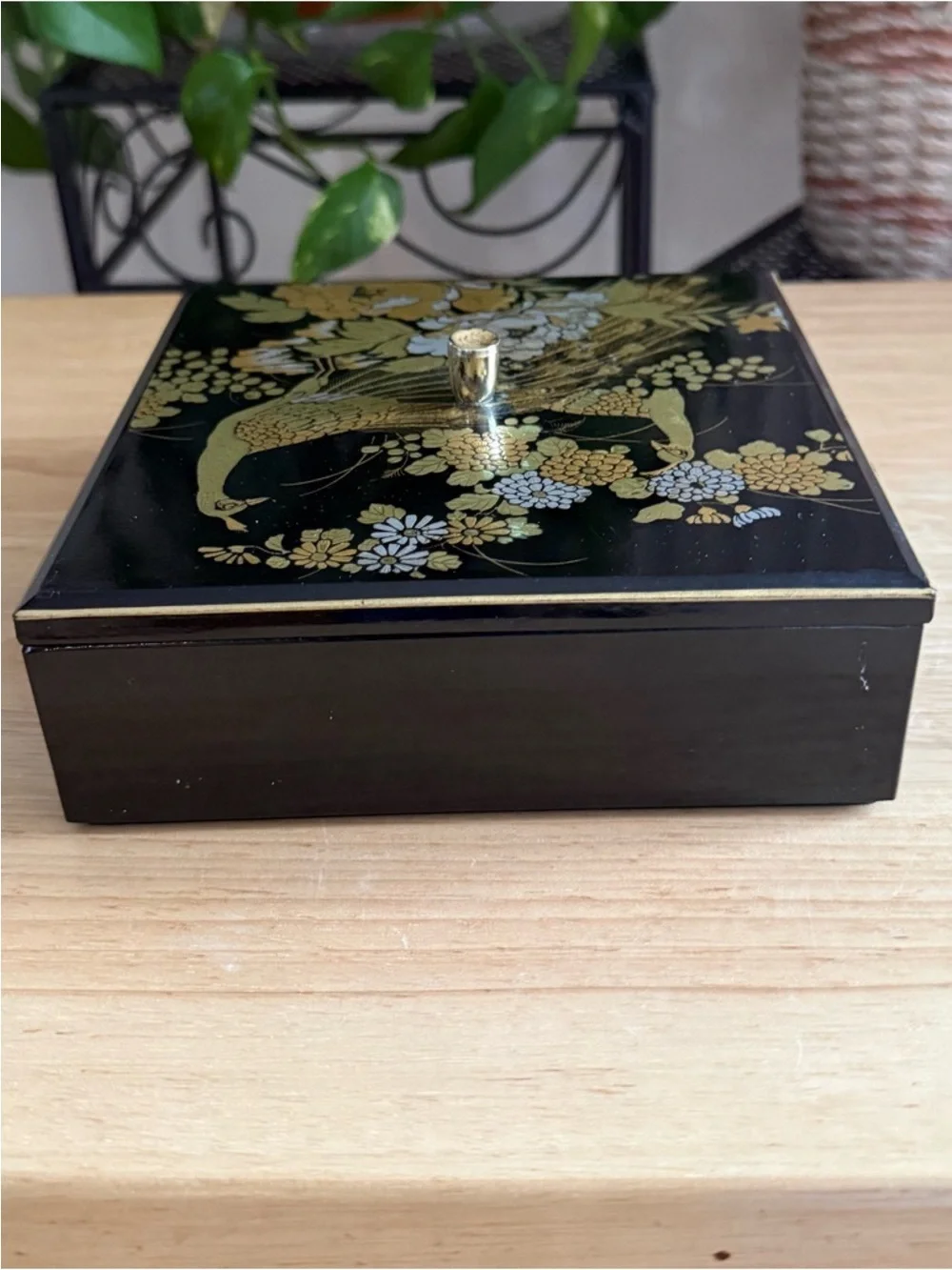 Vintage Otagiri Japan Black Lacquer Peacock Trinket Box with Etched Clear Tray